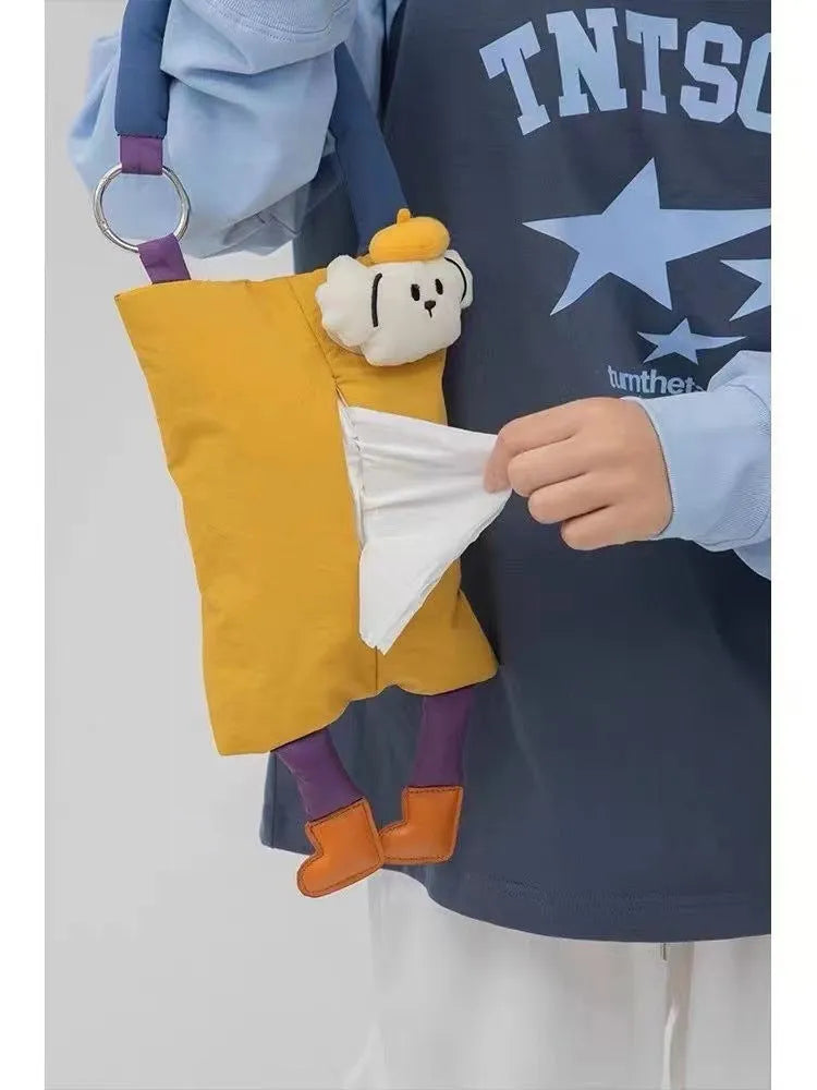 Soft plush hanging car tissue bag in baby crocodile design, showing dimensions of 25cm by 19cm.