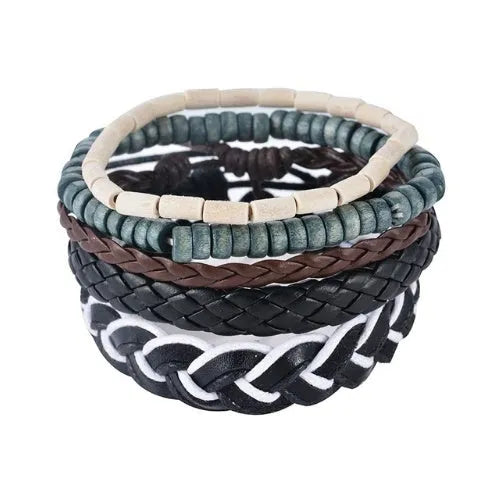 Handmade brown leather wrap bracelet with wooden beads and braided cord on a wrist.