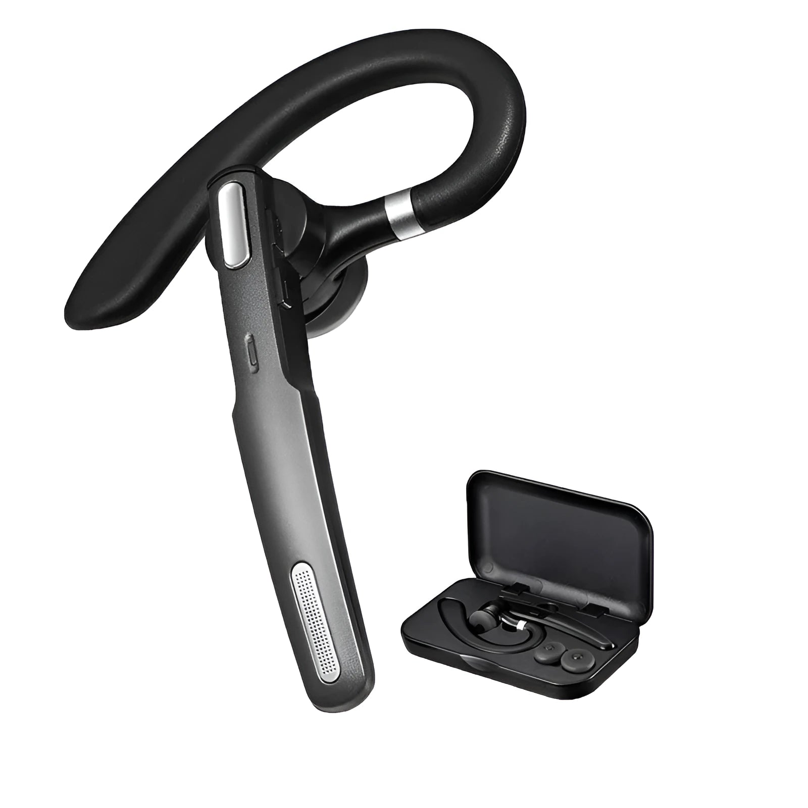 Black mono ear Bluetooth headset with over-ear hanging design and IPX6 waterproof rating