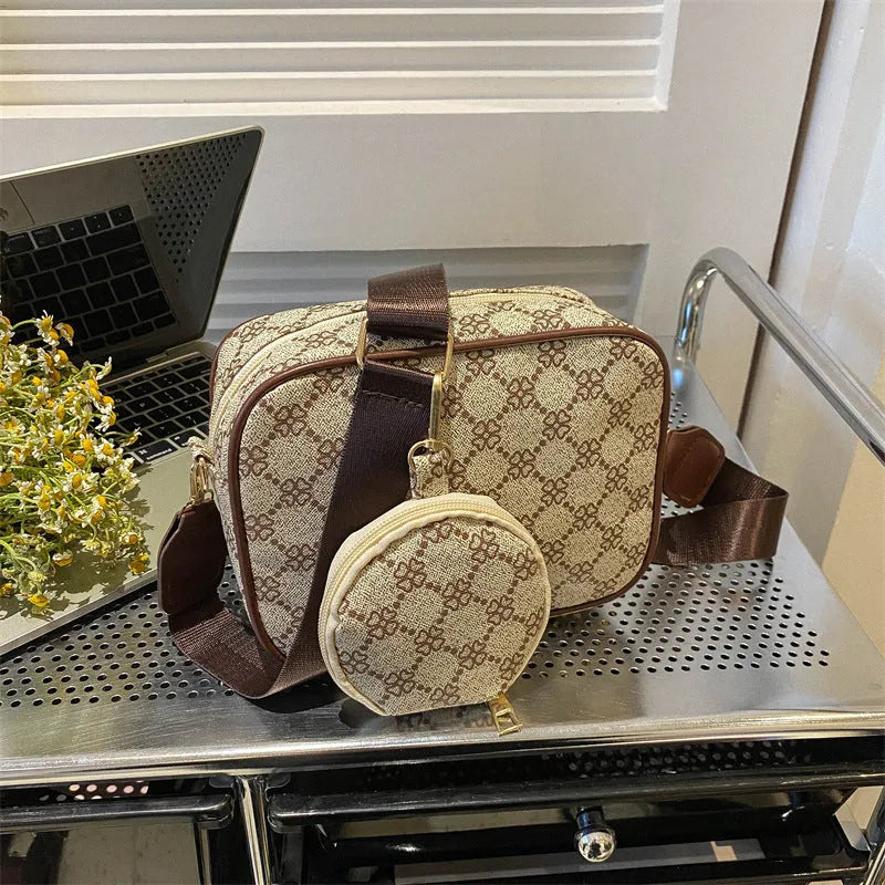 Vintage plaid pattern PU crossbody bag with small pouch in khaki colour, horizontal square shape, single shoulder strap