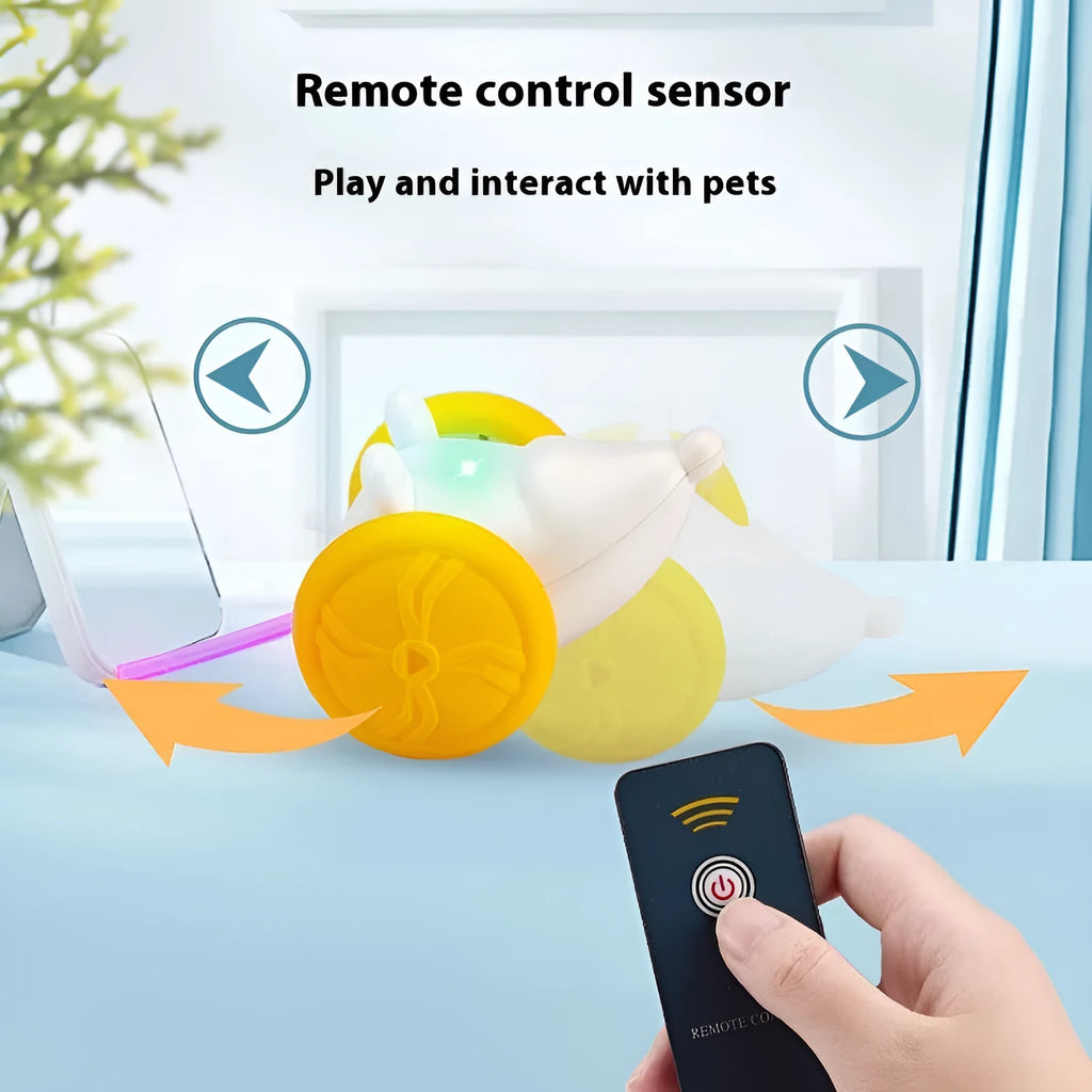 Electric cat toy mouse with remote control in blue and yellow colour options for indoor pet play