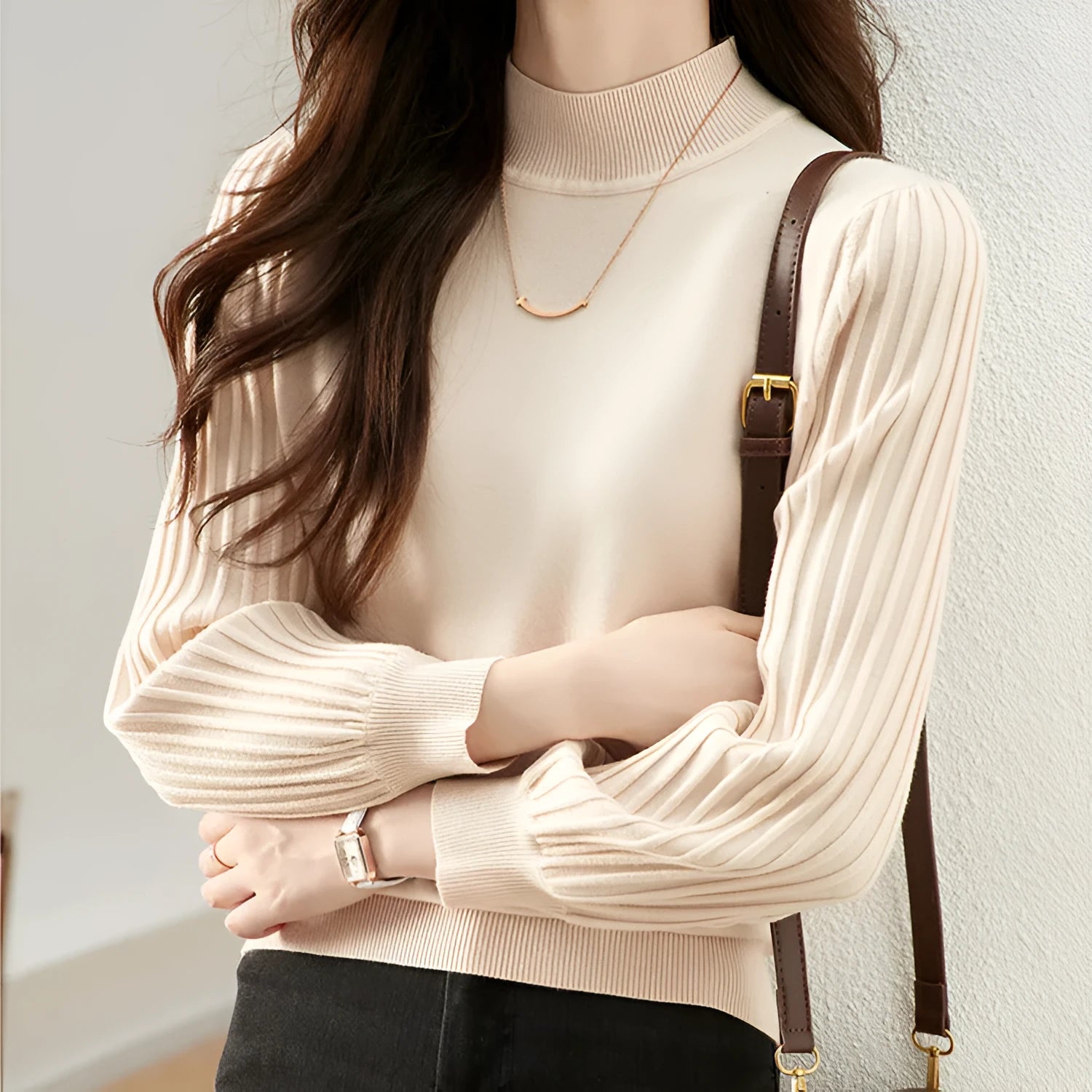 Slim fit half turtleneck shirt in apricot with sunken stripe detail on the front.
