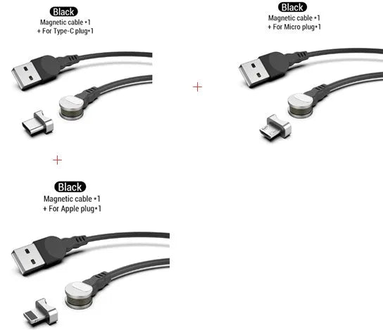 Rotating magnetic three-in-one data cable 1m with Android Apple Type C heads in black