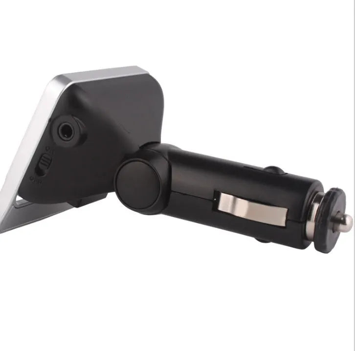 Silver car Bluetooth MP3 player with monochrome screen and ABS plastic body