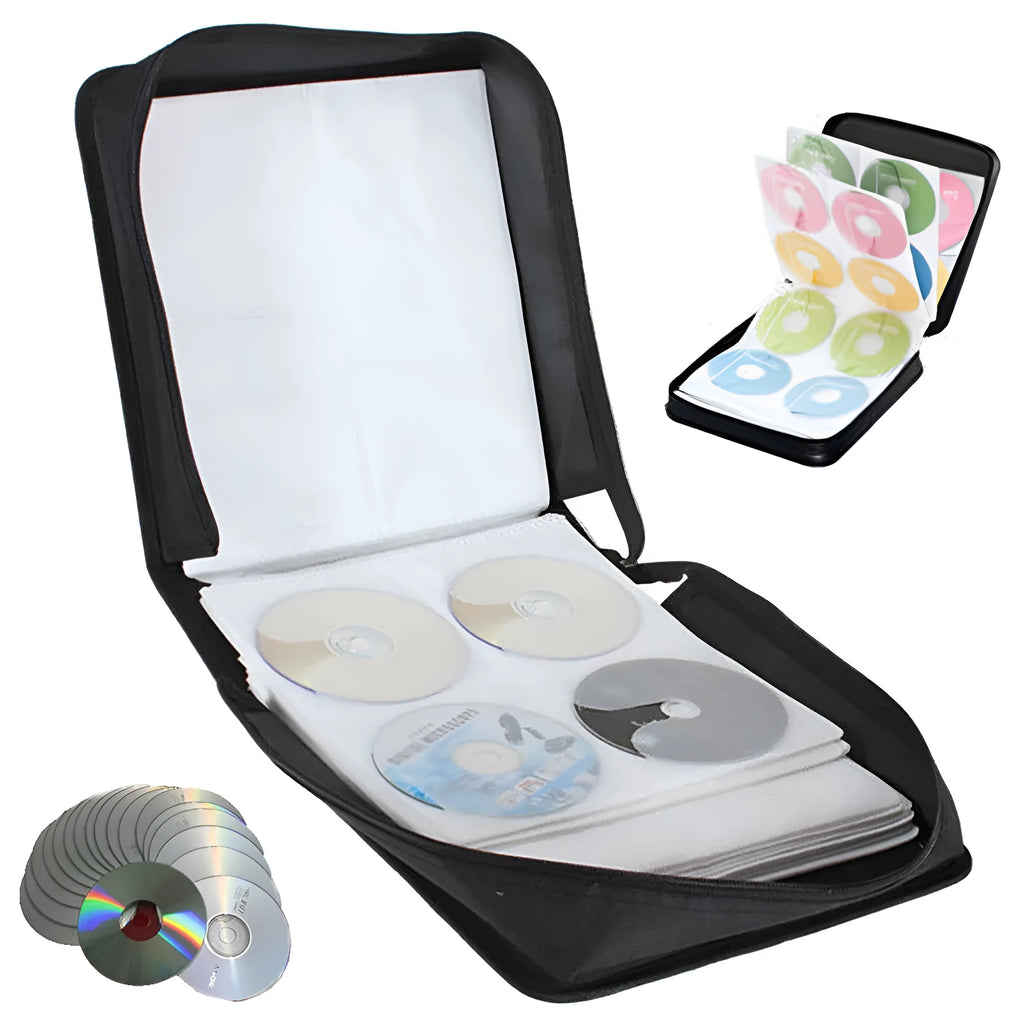 Black oxford fabric CD DVD storage wallet with hand strap and zipper, showing interior disc slots.