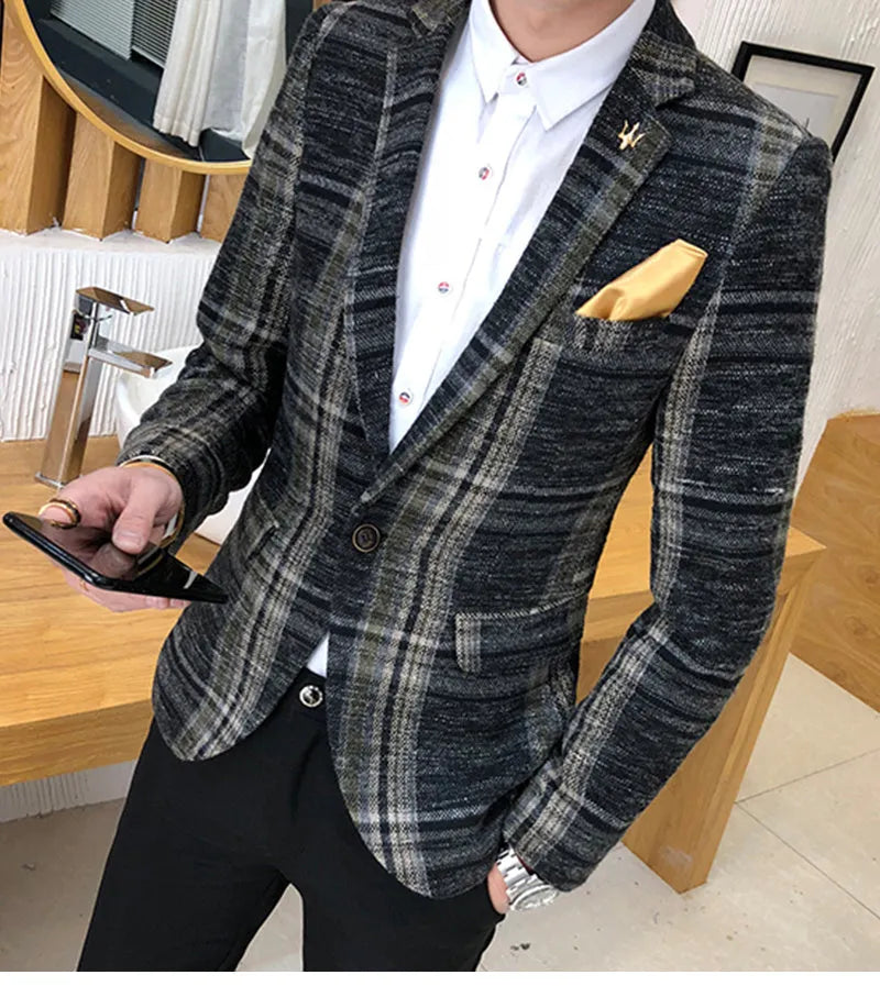 Men plaid slim fit polyester blazer in coffee colour with lapel collar and two-button front