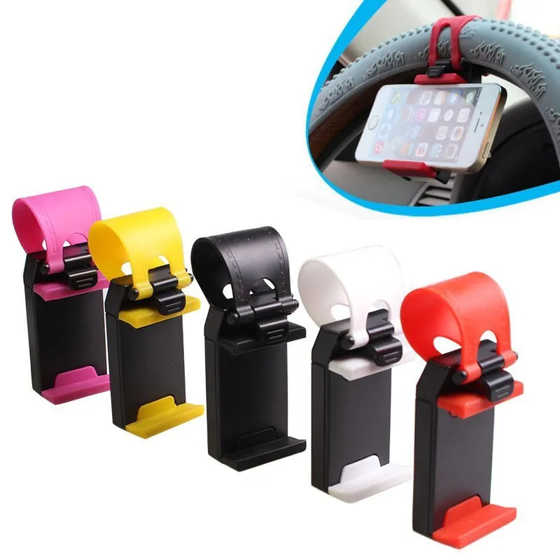 Black universal steering wheel phone mount clip holding a smartphone for hands-free use while driving.