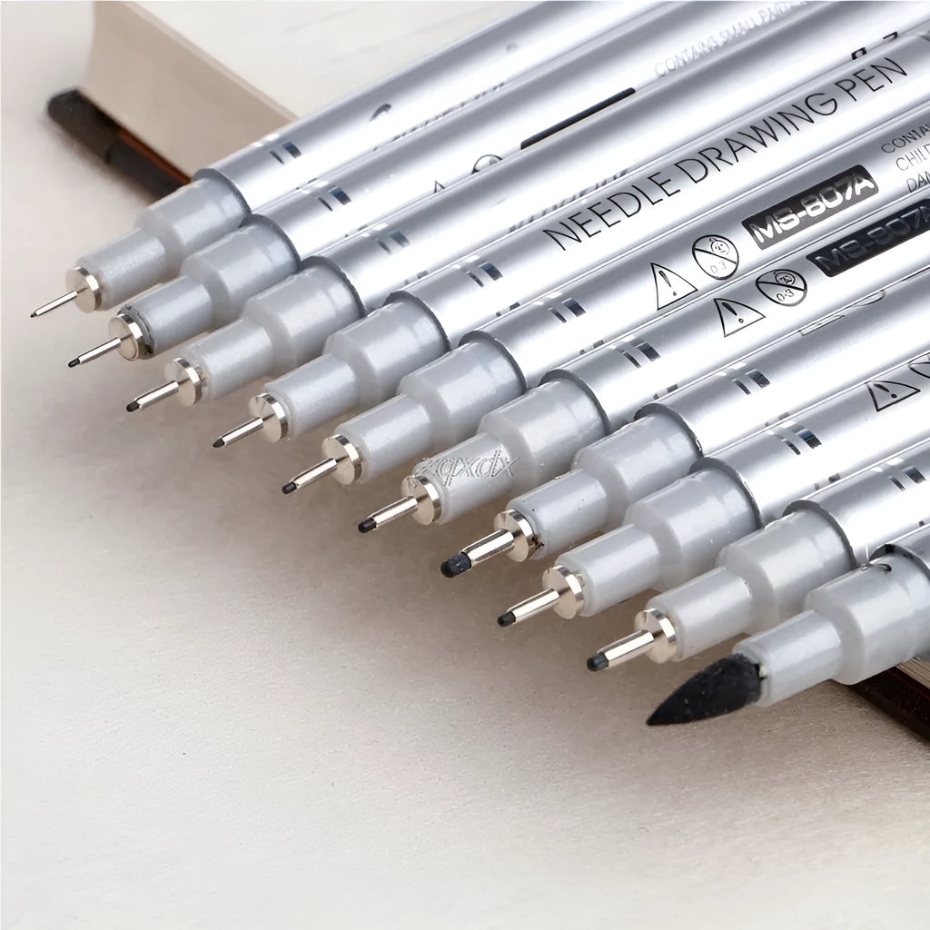 10-pieces fineliner drawing pen set with tip sizes 005 to 20, black ink, plastic body, waterproof pigment ink
