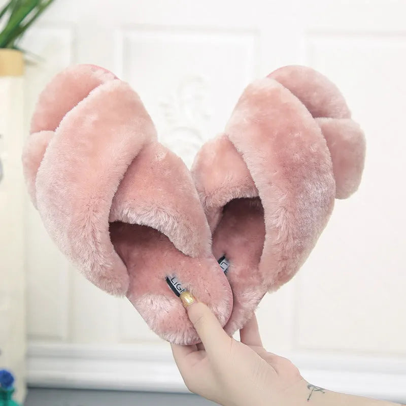 Cross open-toe fur slippers in multiple colours showing the personalised toe design and non-slip patterned sole.