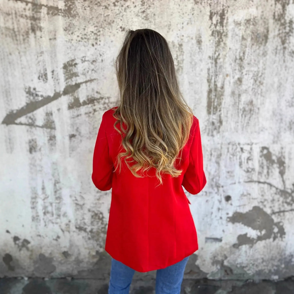 Women's black and red cheetah print slim fit blazer jacket with animal pattern design