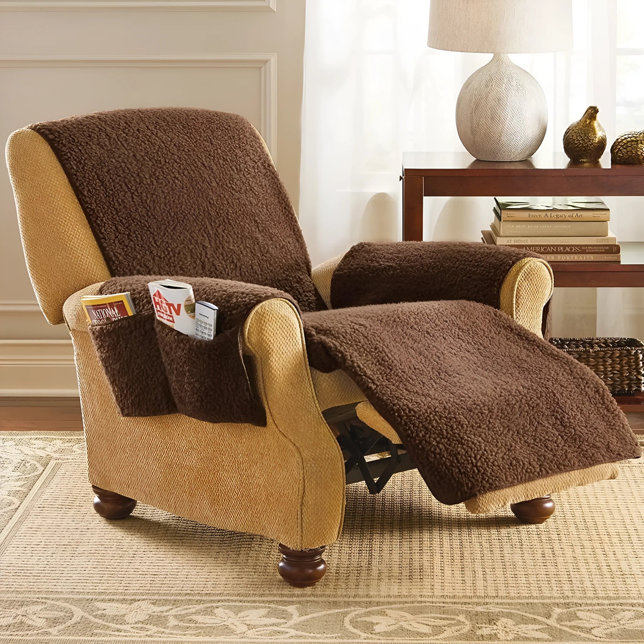 Universal polyester sofa slipcover in a lambswool colour on a sofa cushion
