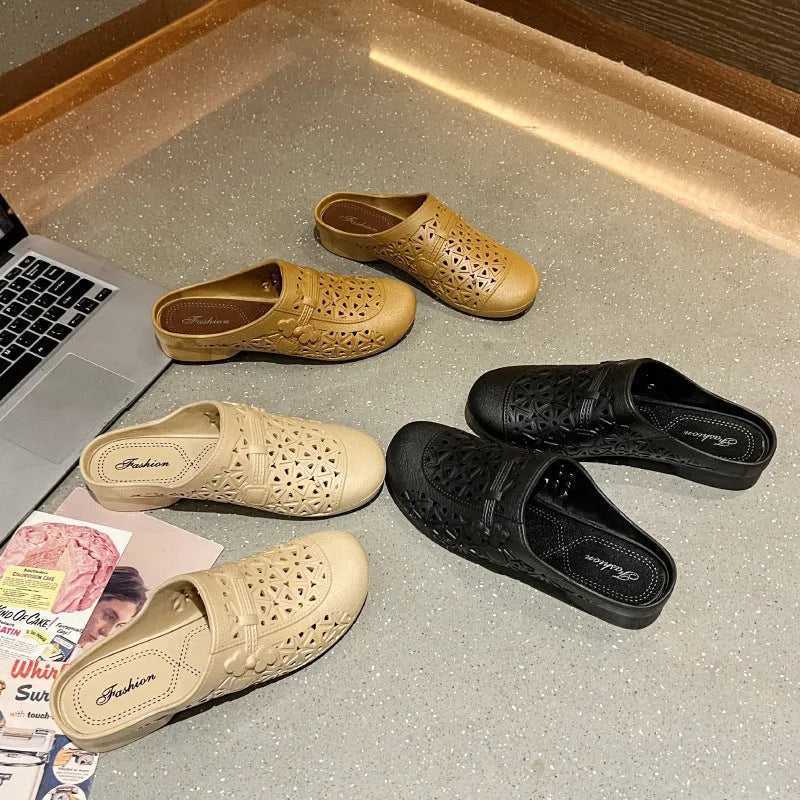 PVC flat toe box slippers with hollow-out pattern in apricot colour