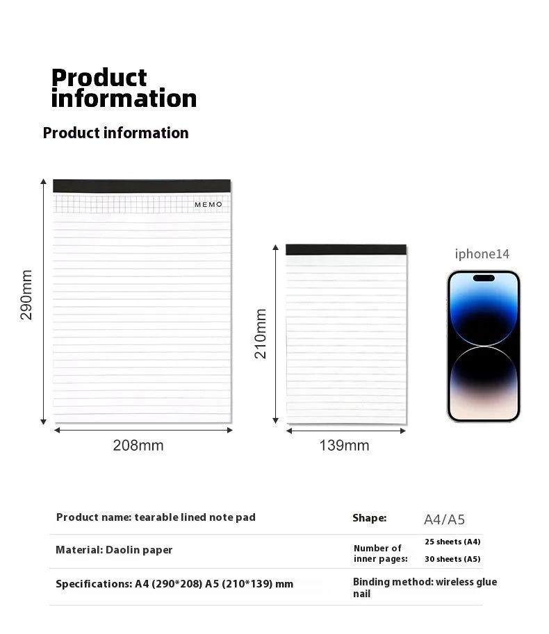 A4 and A5 size notebooks with grid paper and tearable sheets.
