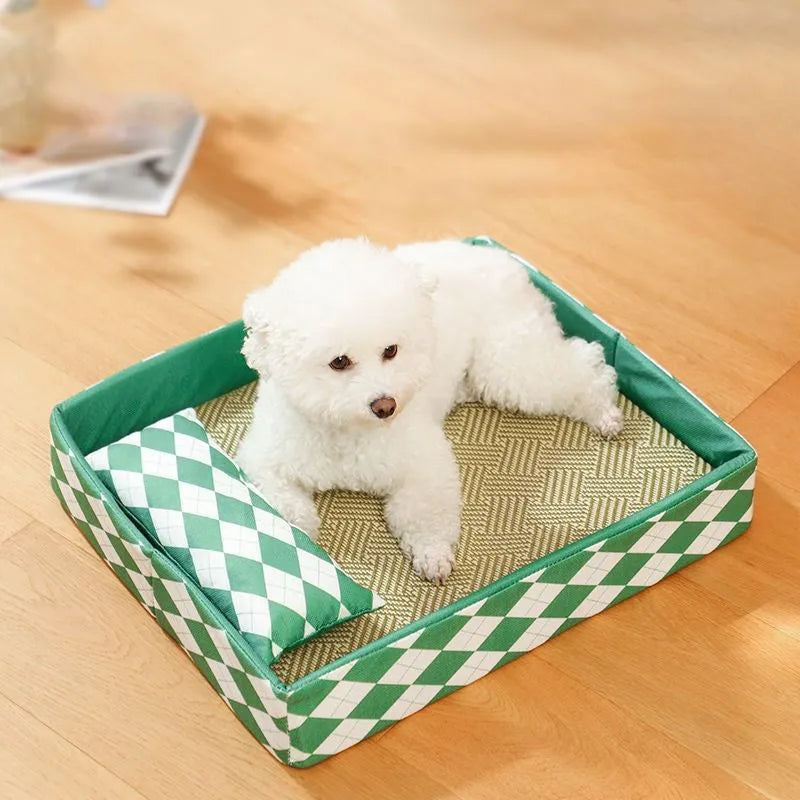 Blue rattan cat bed mat showing woven texture and rectangular shape