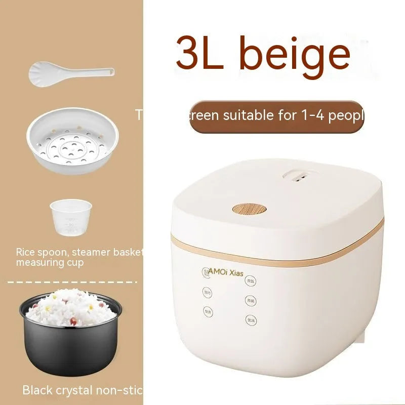White 3L rice cooker with black inner pot and included accessories