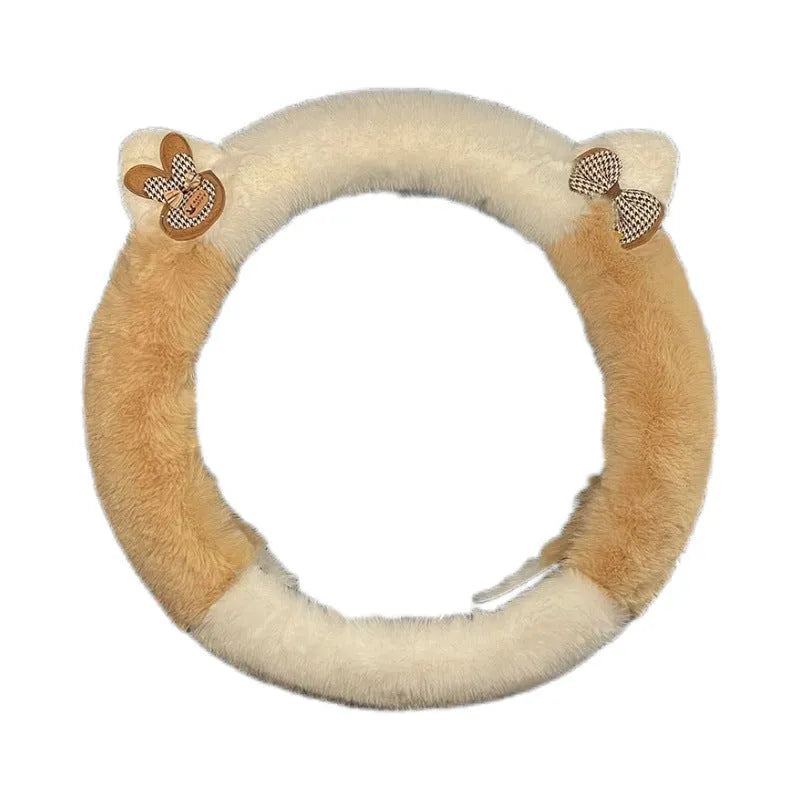 Milk tea white plush steering wheel cover with panda ears on a car steering wheel