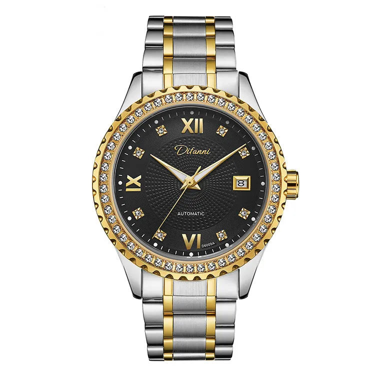 Fashionmonger men's automatic mechanical watch with a gold case and black dial, showing luminous hands.
