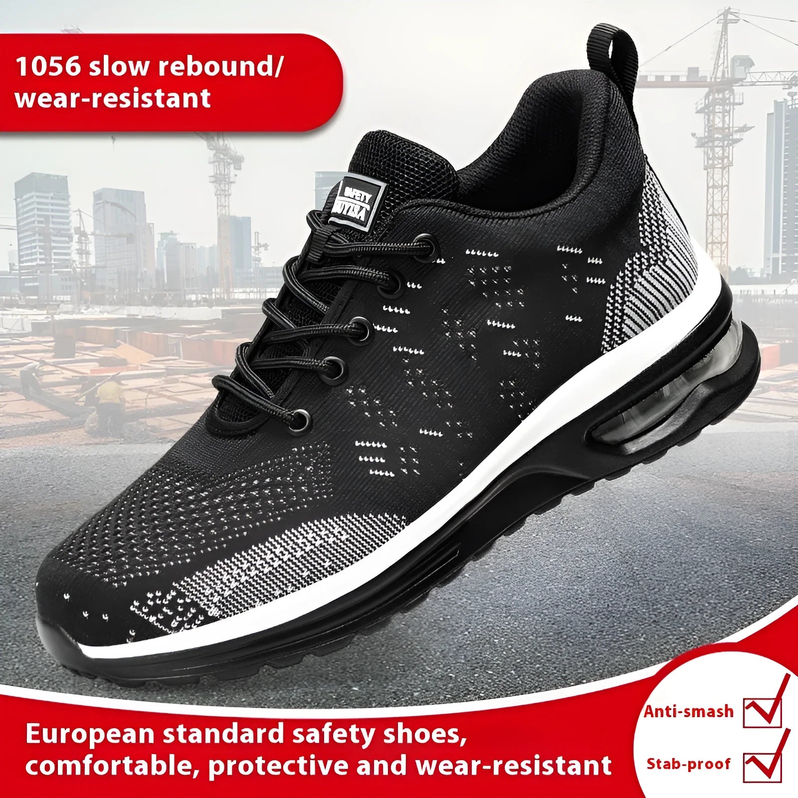 Black men's low-top steel toe safety shoes with a woven mesh upper and a sturdy PU sole.