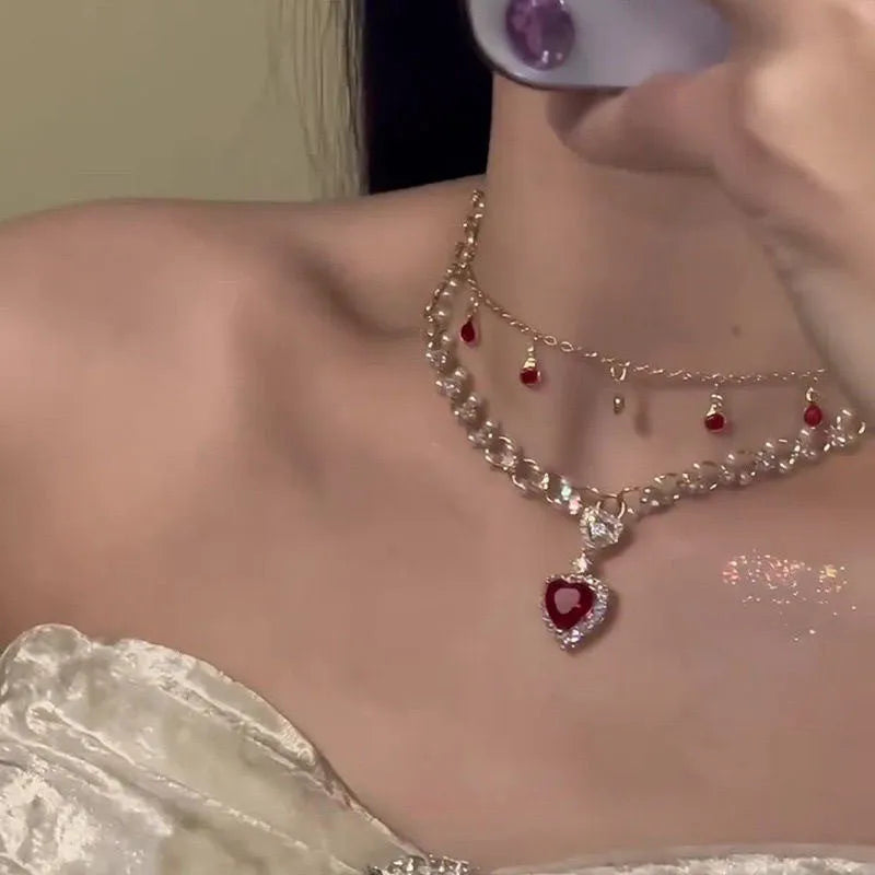 Red love pearl double layer necklace with twin chains, adjustable 41-50cm length