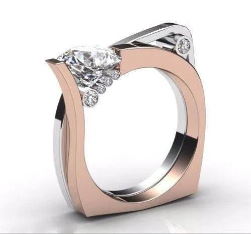 Electroplated rose gold couple rings with cubic zirconia stones in geometric design
