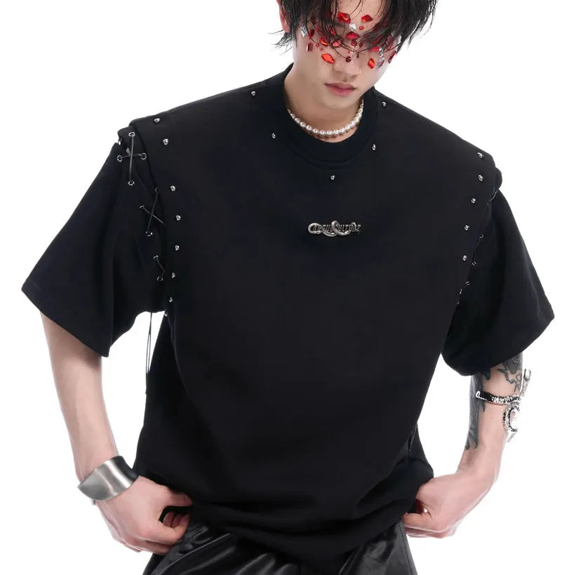 Black short sleeve T-shirt with a lace-up cutout design detail on the front.