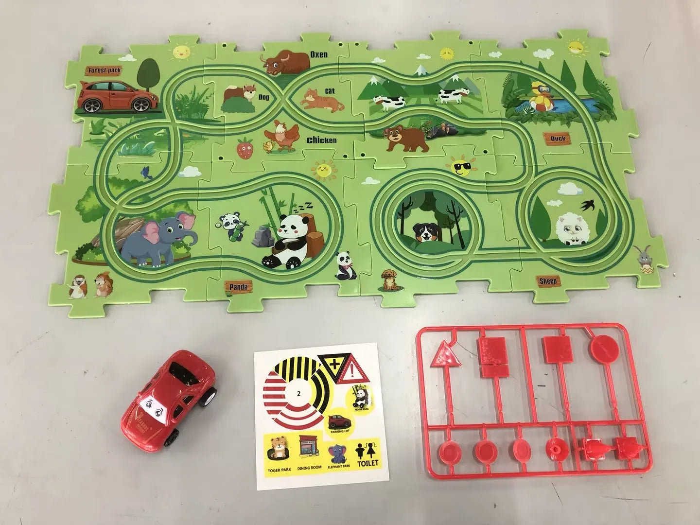 Children puzzle electric railroad speeder with DIY assembly track and automatic car, dinosaur theme