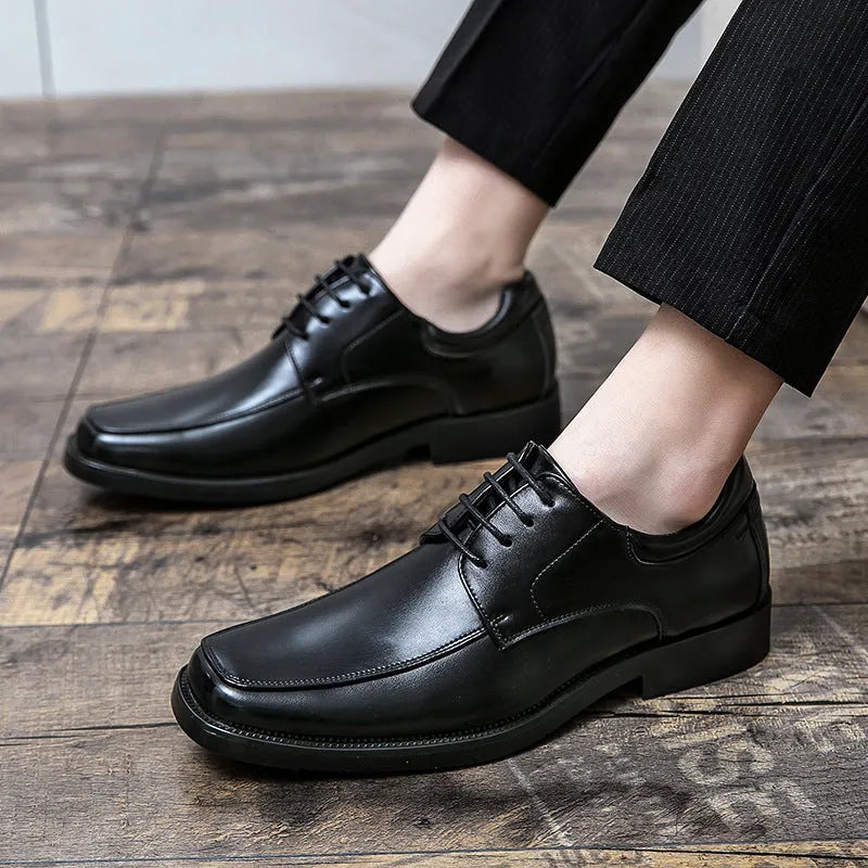 Men's black square toe business casual shoes with artificial PU leather upper and rubber sole