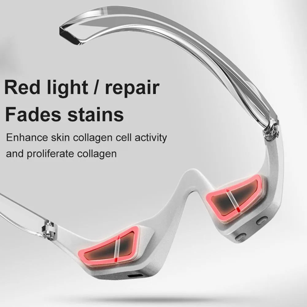 Pink and white micro-current eye massager with glasses-style design for wrinkle reduction and dark circle removal