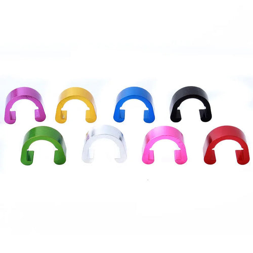Pack of ten small aluminium alloy C-shaped buckles in assorted colours.