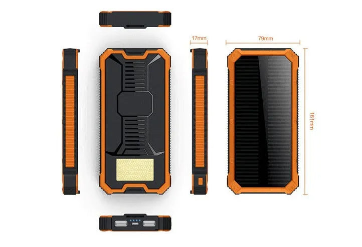 Solar power bank in orange, green, black or yellow with universal charging cable, showing solar panel.