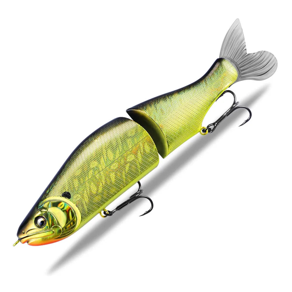 Hard plastic fishing swim bait lure measuring 185mm in length in one of fifteen available colours.