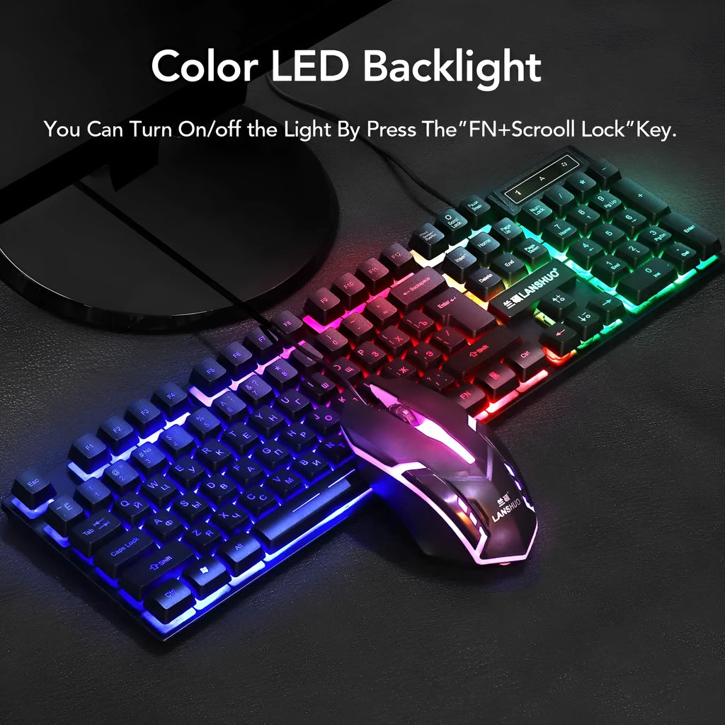 Russian USB wired backlit keyboard and mouse set in black with multimedia keys and 1200dpi optical resolution