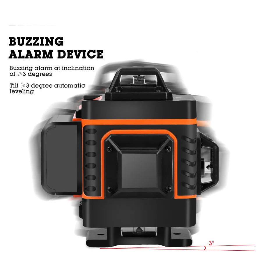 Rotating laser level with green laser projection and orange wall stickers on measurement surface