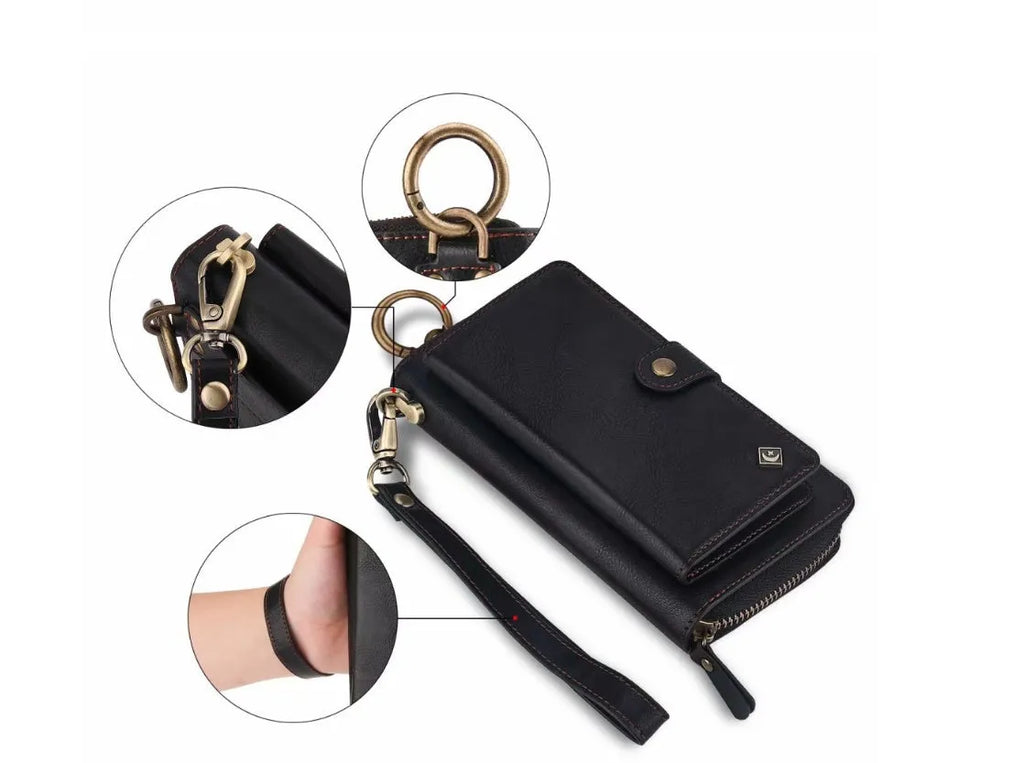 Imitation leather multi-function phone case with wallet and car mount for Samsung Galaxy and iPhone.