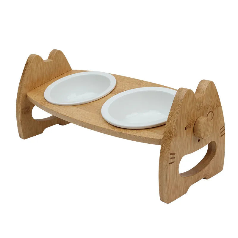 Height-adjustable ceramic double pet bowl on bamboo stand with separate bowls for dogs and cats