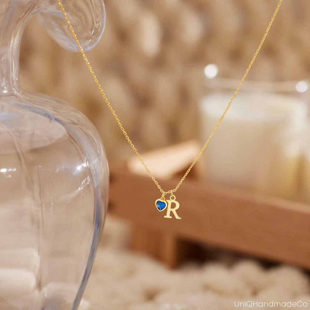 Personalised stainless steel initial letter pendant necklace with Love Birthday Stone colour on cross chain