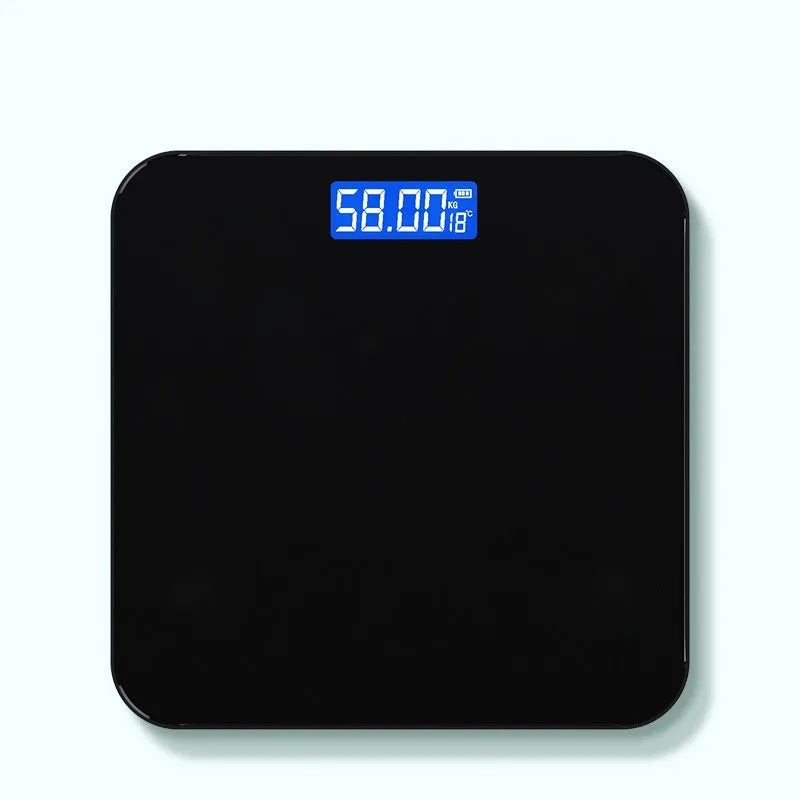 Digital bathroom weight scale with USB rechargeable feature in black, rose red, and white colour options.