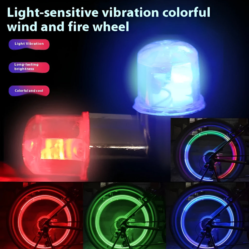 Colourful LED bicycle valve cap lights with battery packs and adapters for wheel valve stems