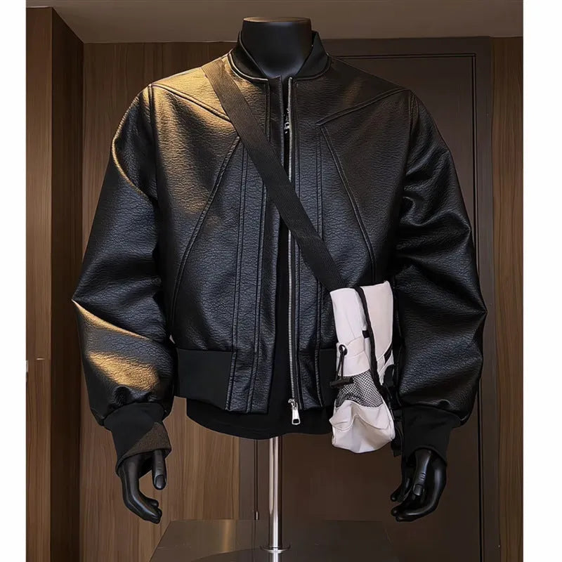 Men's black PU leather jacket with extended length and slim-fit business casual style