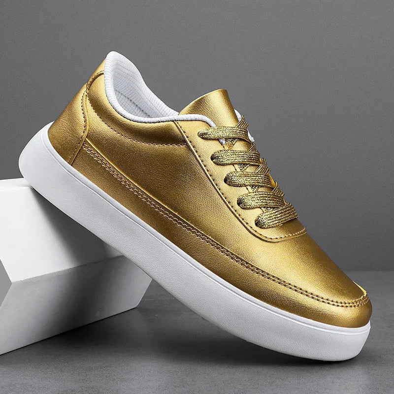 Women's leather flat casual shoes with front lace-up in white, silver, or gold colours
