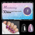 Box of 3D scale long shaping full cover nail tips showing colour-coded size options.