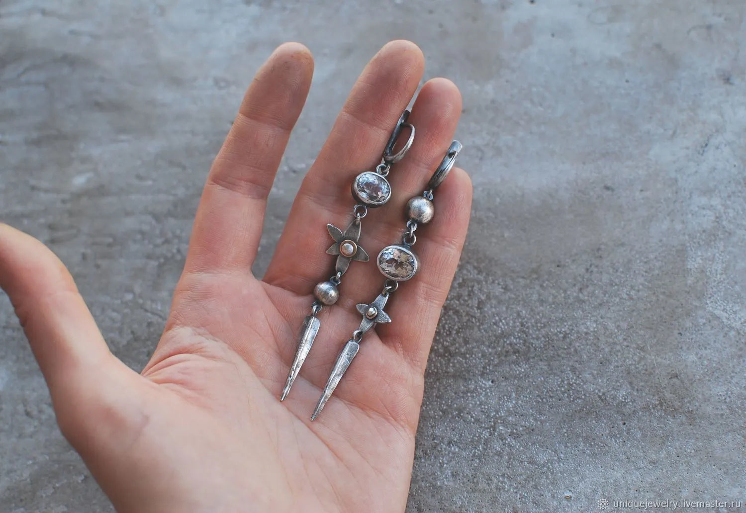 Geometric long pendant ear studs with antique silver plating and rhinestone XINGX detailing