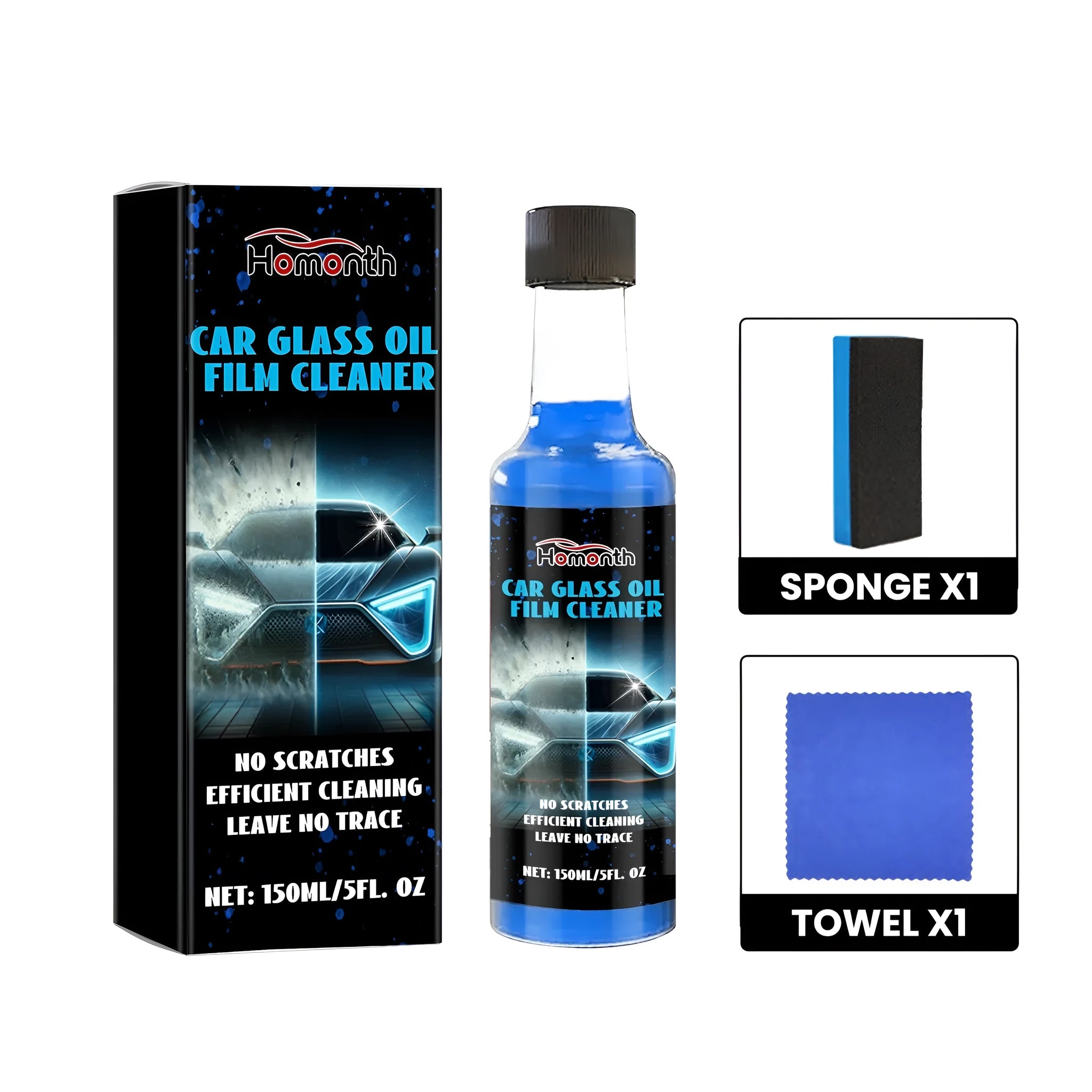 Blue 150ml car glass oil film cleaner bottle with sponge and microfibre towel