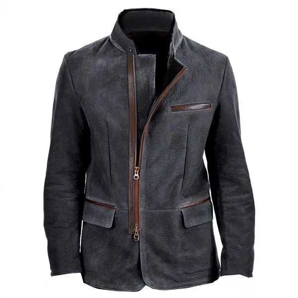 Vintage men's casual coat with stand collar, zipper front, and tooling patchwork in gray