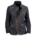 Vintage men's casual coat with stand collar, zipper front, and tooling patchwork in gray