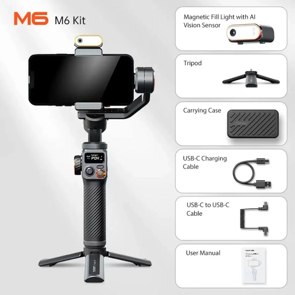Black three-axis smartphone gimbal stabiliser with magnetic AI fill light attached and tripod extended