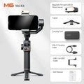 Black three-axis smartphone gimbal stabiliser with magnetic AI fill light attached and tripod extended