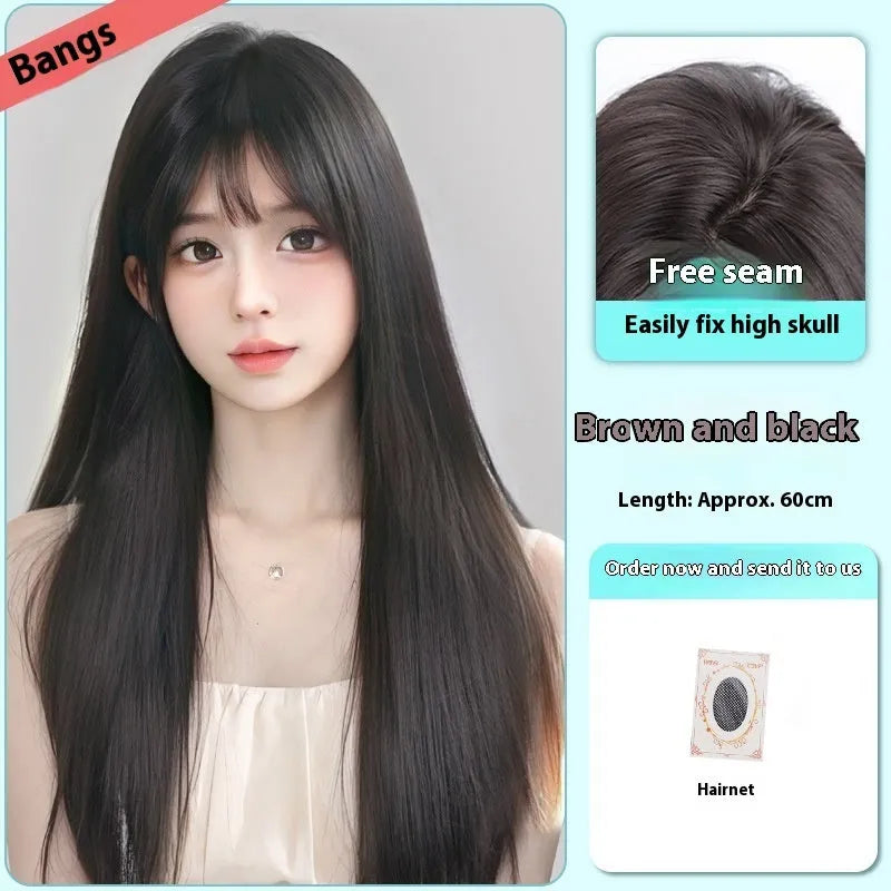 Female full-head wig with forehead lace seamless design in long straight fluffy style