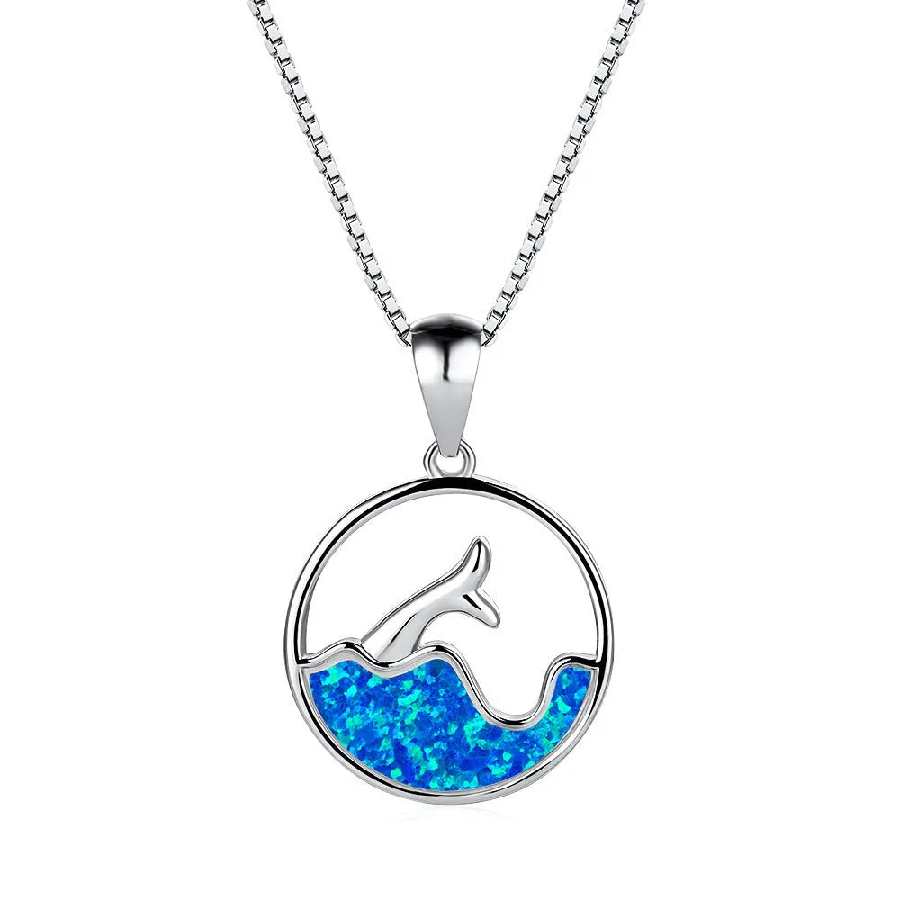 Geometric sea fishtail copper necklace with electroplated blue opal stone and round design element