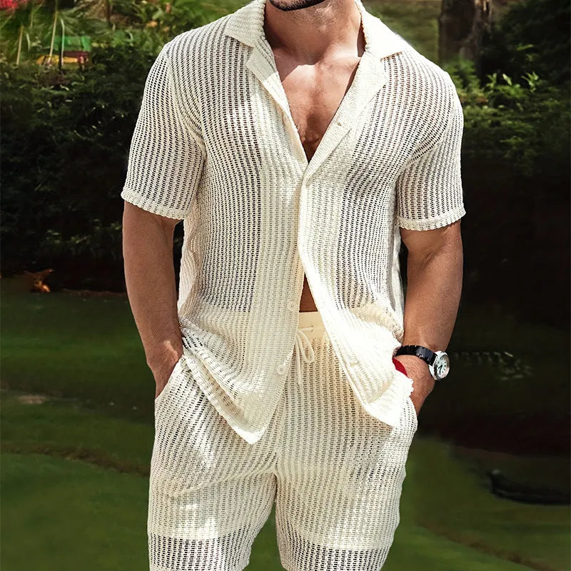 Men's light yellow retro stripe Henley shirt with cardigan lapel and short sleeves, regular fit